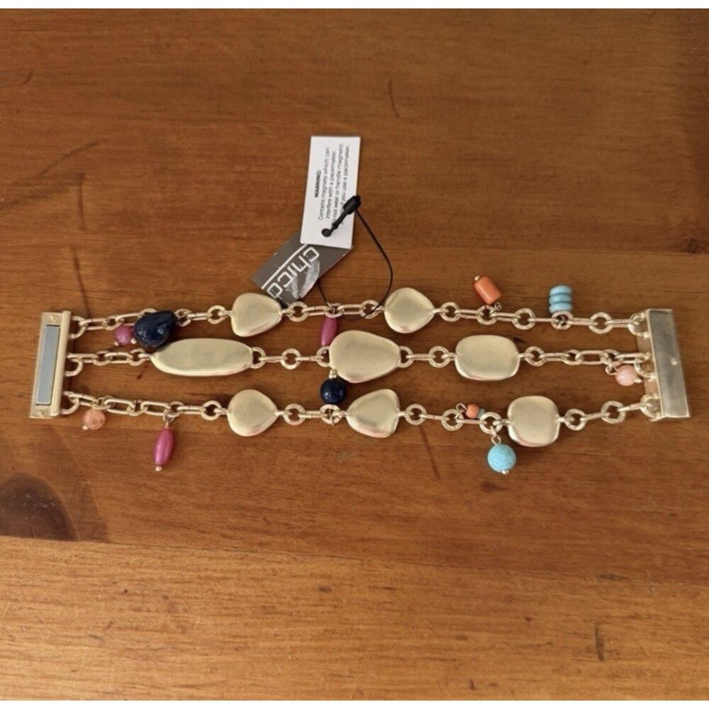 Chico’s NWT Gold Tone Multi Strand Bracelet Colorful Stones Magnetic Clasp - Picture 10 of 12